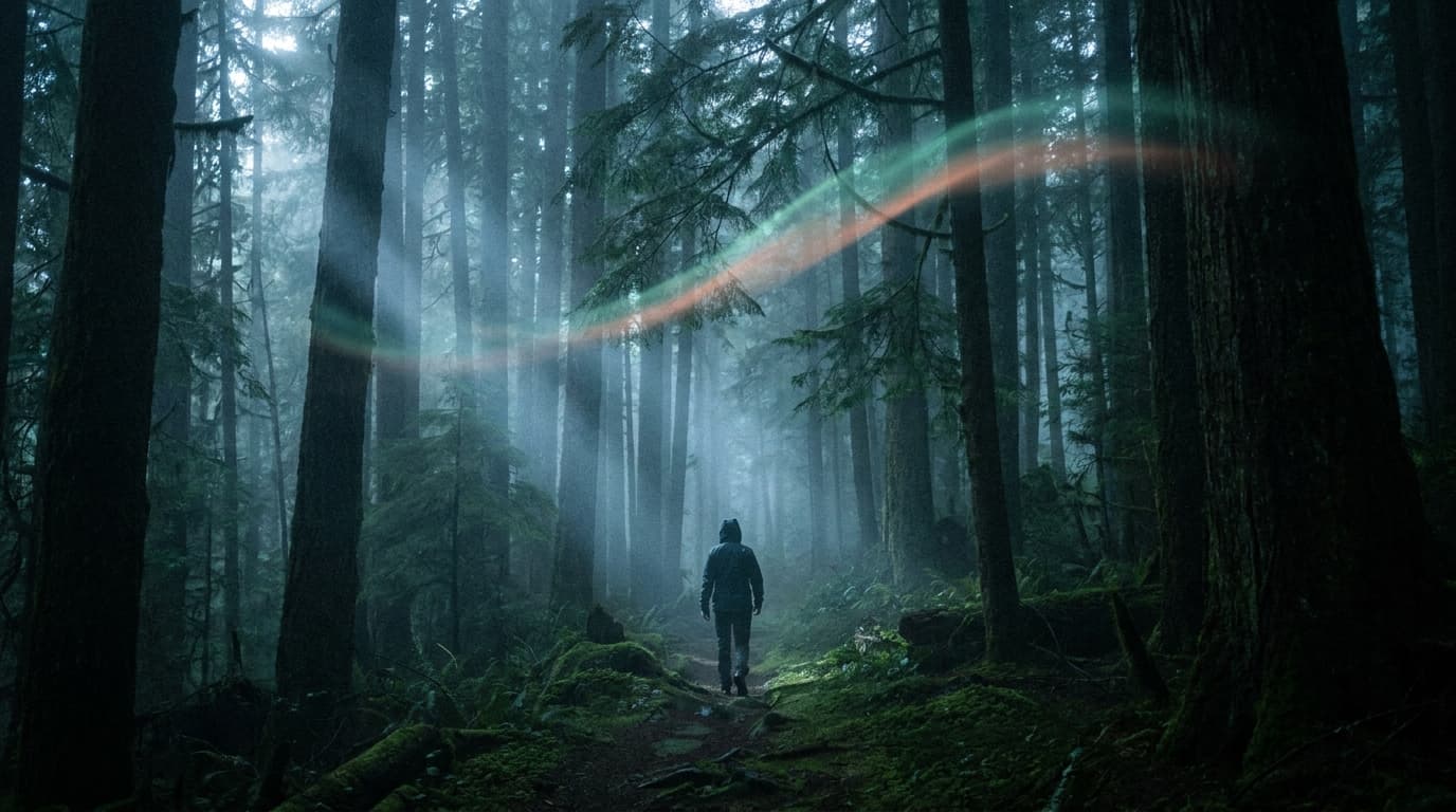 Eine Person geht bei Tagesanbruch entschlossen über einen Waldpfad — Bewegung als Quelle der Vitalität